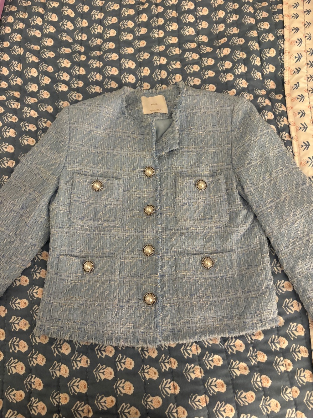 Mango Light Blue Tweed Jacket with Pearl-Style Buttons